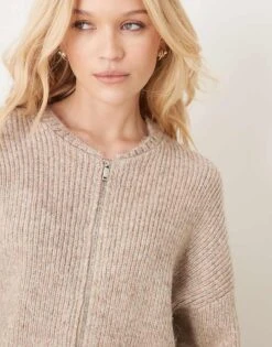 Gina Tricot Knitted Zip Through Bomber Jacket In Beige Melange For Women -Curated Apparel Shop 207913818 4