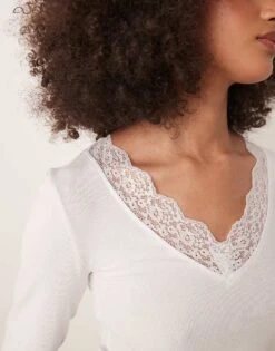 Gina Tricot Long Sleeve Lace V Neck Top In Off White For Women -Curated Apparel Shop 207913842 3
