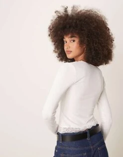 Gina Tricot Long Sleeve Lace V Neck Top In Off White For Women -Curated Apparel Shop 207913842 4