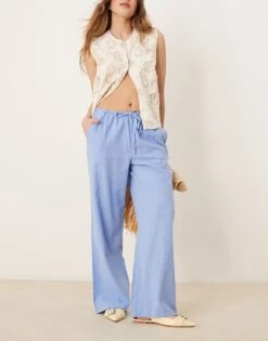 Gina Tricot Wide Leg Linen Blend Trousers With Drawstring Waist In Blue For Women -Curated Apparel Shop 207952381 1 blue 1