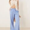 Gina Tricot Wide Leg Linen Blend Trousers With Drawstring Waist In Blue For Women -Curated Apparel Shop 207952381 1 blue
