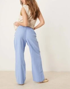 Gina Tricot Wide Leg Linen Blend Trousers With Drawstring Waist In Blue For Women -Curated Apparel Shop 207952381 3