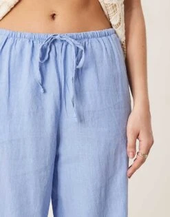 Gina Tricot Wide Leg Linen Blend Trousers With Drawstring Waist In Blue For Women -Curated Apparel Shop 207952381 4