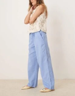Gina Tricot Wide Leg Linen Blend Trousers With Drawstring Waist In Blue For Women -Curated Apparel Shop 207952381 5