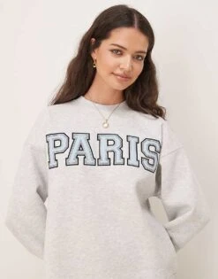 Gina Tricot Paris Logo Oversized Sweatshirt In Light Grey Melange For Women