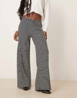 Gina Tricot Supersoft Jersey Wide Leg Trousers With Drawstring Waist In Mono Stripes For Women