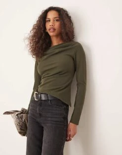 Gina Tricot Asymmetric Top With Drape Detail In Khaki Green For Women -Curated Apparel Shop 207952435 1 khakigreen 1