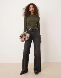 Gina Tricot Asymmetric Top With Drape Detail In Khaki Green For Women -Curated Apparel Shop 207952435 3