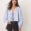 Gina Tricot Blouse Top With Tie Front And Volume Sleeves In Blue For Women -Curated Apparel Shop 207952436 1 blue