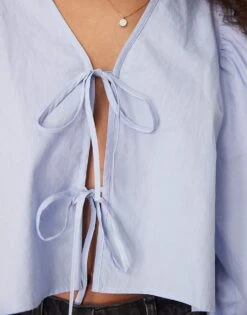 Gina Tricot Blouse Top With Tie Front And Volume Sleeves In Blue For Women -Curated Apparel Shop 207952436 3