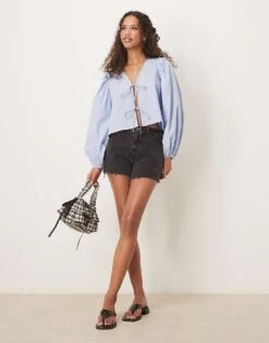 Gina Tricot Blouse Top With Tie Front And Volume Sleeves In Blue For Women -Curated Apparel Shop 207952436 4