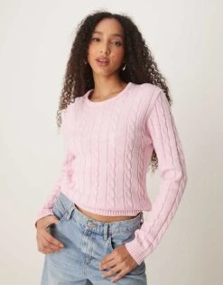 Gina Tricot Cotton Blend Cable Knit Sweater With Crew Neck In Pink For Women -Curated Apparel Shop 207952445 1 pink 1