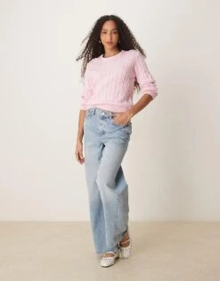 Gina Tricot Cotton Blend Cable Knit Sweater With Crew Neck In Pink For Women -Curated Apparel Shop 207952445 4