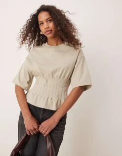 Gina Tricot Short Sleeve Corset Pleated T-shirt In Light Stone Beige For Women -Curated Apparel Shop 207952458 1 lightstonebeige 1