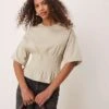 Gina Tricot Short Sleeve Corset Pleated T-shirt In Light Stone Beige For Women -Curated Apparel Shop 207952458 1 lightstonebeige