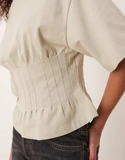 Gina Tricot Short Sleeve Corset Pleated T-shirt In Light Stone Beige For Women -Curated Apparel Shop 207952458 3
