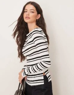 Gina Tricot Boatneck Ruched Top With Side Splits In Black Stripe For Women
