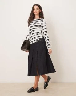 Gina Tricot Boatneck Ruched Top With Side Splits In Black Stripe For Women -Curated Apparel Shop 207952480 4