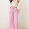 Gina Tricot Wide Leg Linen Blend Trousers With Drawstring Waist In Pink For Women