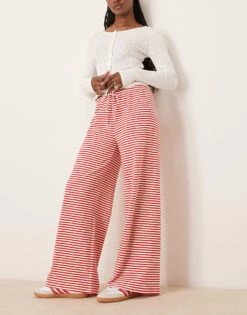 Gina Tricot Supersoft Jersey Wide Leg Trousers With Drawstring Waist In Red And White Stripes For Women Red Stripe