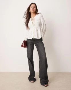 Gina Tricot Textured Long Sleeve Top With Tie Front Floaty Hem In Off White For Women -Curated Apparel Shop 207952534 3