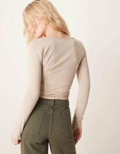 Gina Tricot Jersey Long Sleeve With Concealed Front Button Detail In Light Mole For Women Beige -Curated Apparel Shop 207952608 4