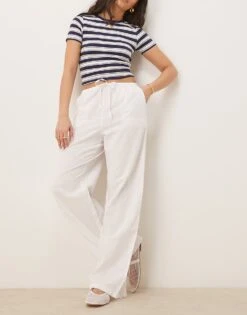 Gina Tricot Wide Leg Linen Blend Trousers With Drawstring Waist In White For Women