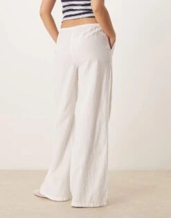 Gina Tricot Wide Leg Linen Blend Trousers With Drawstring Waist In White For Women -Curated Apparel Shop 207952634 4