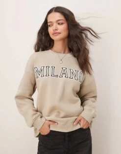 Gina Tricot Milano Logo Oversized Sweatshirt In Light Beige For Women -Curated Apparel Shop 207952662 4