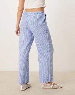 Gina Tricot Wide Leg Linen Blend Trousers With Drawstring Waist In Blue And White Stripes For Women Navy Stripe -Curated Apparel Shop 207952683 2