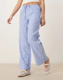 Gina Tricot Wide Leg Linen Blend Trousers With Drawstring Waist In Blue And White Stripes For Women Navy Stripe -Curated Apparel Shop 207952683 3