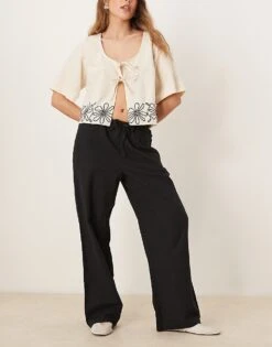 Gina Tricot Wide Leg Linen Blend Trousers With Drawstring Waist In Black For Women -Curated Apparel Shop 207952710 1 black 1