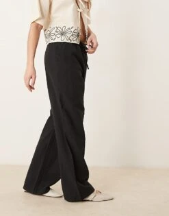 Gina Tricot Wide Leg Linen Blend Trousers With Drawstring Waist In Black For Women -Curated Apparel Shop 207952710 5