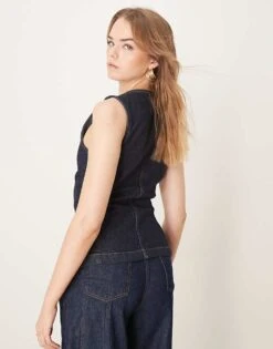 Gina Tricot Sleeveless Sculpted Denim Waistcoat In Indigo Darkwash Blue Rinse For Women -Curated Apparel Shop 207952715 3