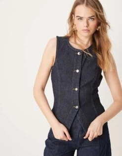 Gina Tricot Sleeveless Sculpted Denim Waistcoat In Indigo Darkwash Blue Rinse For Women -Curated Apparel Shop 207952715 4