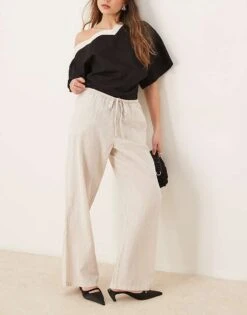Gina Tricot Wide Leg Linen Blend Trousers With Drawstring Waist In Beige For Women White