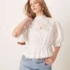 Gina Tricot Puff Sleeve Blouse Top With Embroidered Cutwork Front Bodice Detail In White For Women -Curated Apparel Shop 207952772 1 white