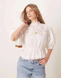 Gina Tricot Puff Sleeve Blouse Top With Embroidered Cutwork Front Bodice Detail In White For Women