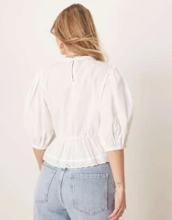 Gina Tricot Puff Sleeve Blouse Top With Embroidered Cutwork Front Bodice Detail In White For Women -Curated Apparel Shop 207952772 3