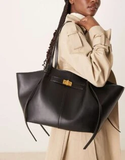 Gina Tricot Faux Leather Medium Tote Bag With Strap And Clutch Detail In Black For Women