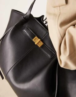 Gina Tricot Faux Leather Medium Tote Bag With Strap And Clutch Detail In Black For Women -Curated Apparel Shop 207962245 3