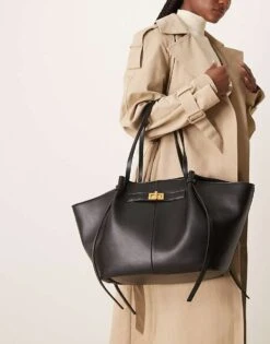 Gina Tricot Faux Leather Medium Tote Bag With Strap And Clutch Detail In Black For Women -Curated Apparel Shop 207962245 4