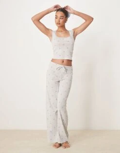 Gina Tricot Mix And Match Pointelle Embroidered Edge Cotton Pyjamas With Blue Bows In Grey Melange