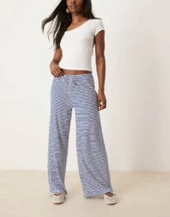 Gina Tricot Supersoft Jersey Wide Leg Trousers With Drawstring Waist In Blue And White Stripes For Women Blue Stripe -Curated Apparel Shop 207963433 1 bluestripe 1