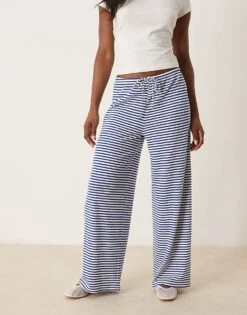 Gina Tricot Supersoft Jersey Wide Leg Trousers With Drawstring Waist In Blue And White Stripes For Women Blue Stripe -Curated Apparel Shop 207963433 2
