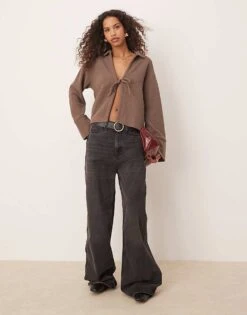 Gina Tricot Collar Tie Front Cardigan Top In Brown For Women -Curated Apparel Shop 207966150 3