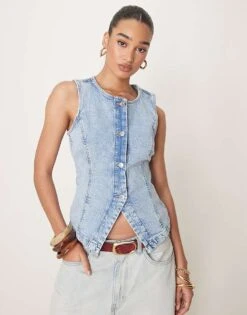 Gina Tricot Sleeveless Sculpted Denim Waistcoat In Lightwash Blue For Women Darkwash Blue