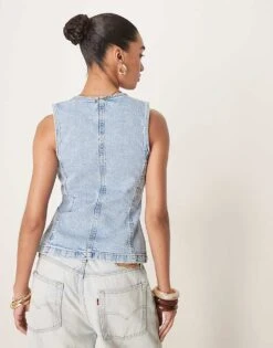 Gina Tricot Sleeveless Sculpted Denim Waistcoat In Lightwash Blue For Women Darkwash Blue -Curated Apparel Shop 208072805 4