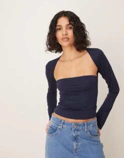 Gina Tricot Soft Touch Long Sleeve Sqaure Neck Top With Split Cuffs In Navy Blue For Women