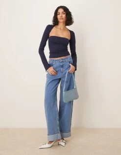 Gina Tricot Soft Touch Long Sleeve Sqaure Neck Top With Split Cuffs In Navy Blue For Women -Curated Apparel Shop 208179143 4